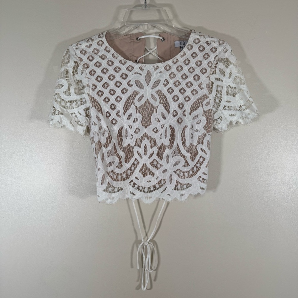 Tobi White Lace Cropped Overlay Top with Tie Back